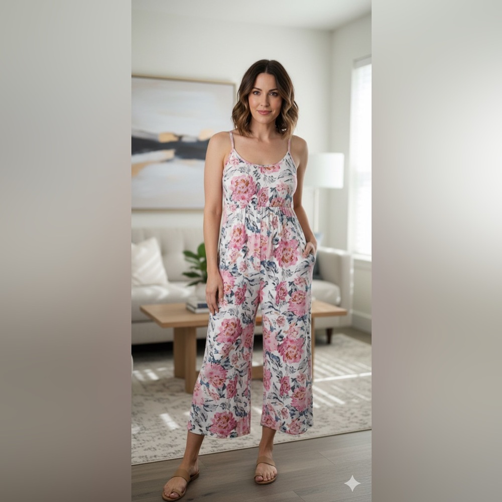 Women’s Floral Jumpsuit Pink Wide Leg Cropped Leg Spaghetti Strap Size Medium